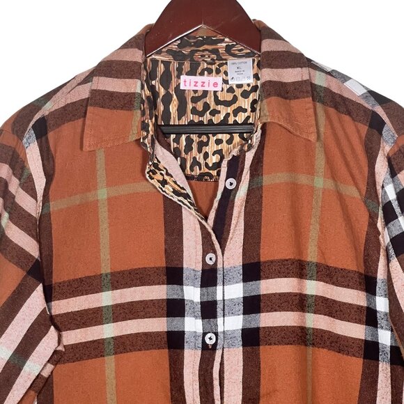 Tizzie by Dizzy Lizzie XL Rome plaid flannel button up chocolate brown black - Picture 1 of 16